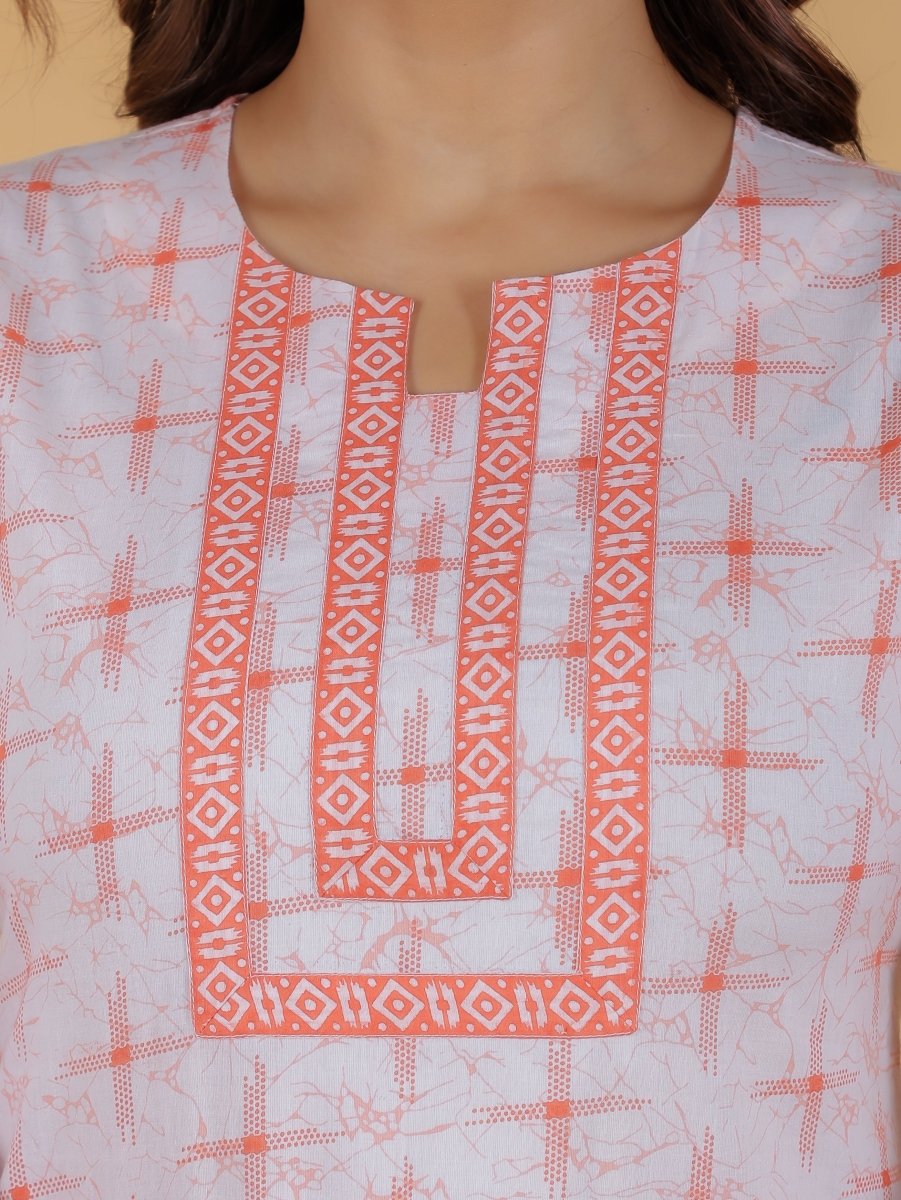 Aramya Straight Soft Cotton Geometric Print Women's Kurta Set - Orange | Grocsy