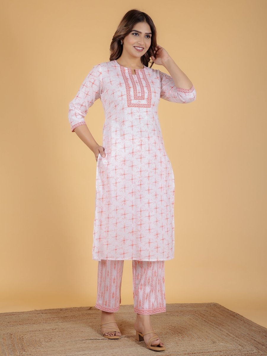 Aramya Straight Soft Cotton Geometric Print Women's Kurta Set - Orange | Grocsy