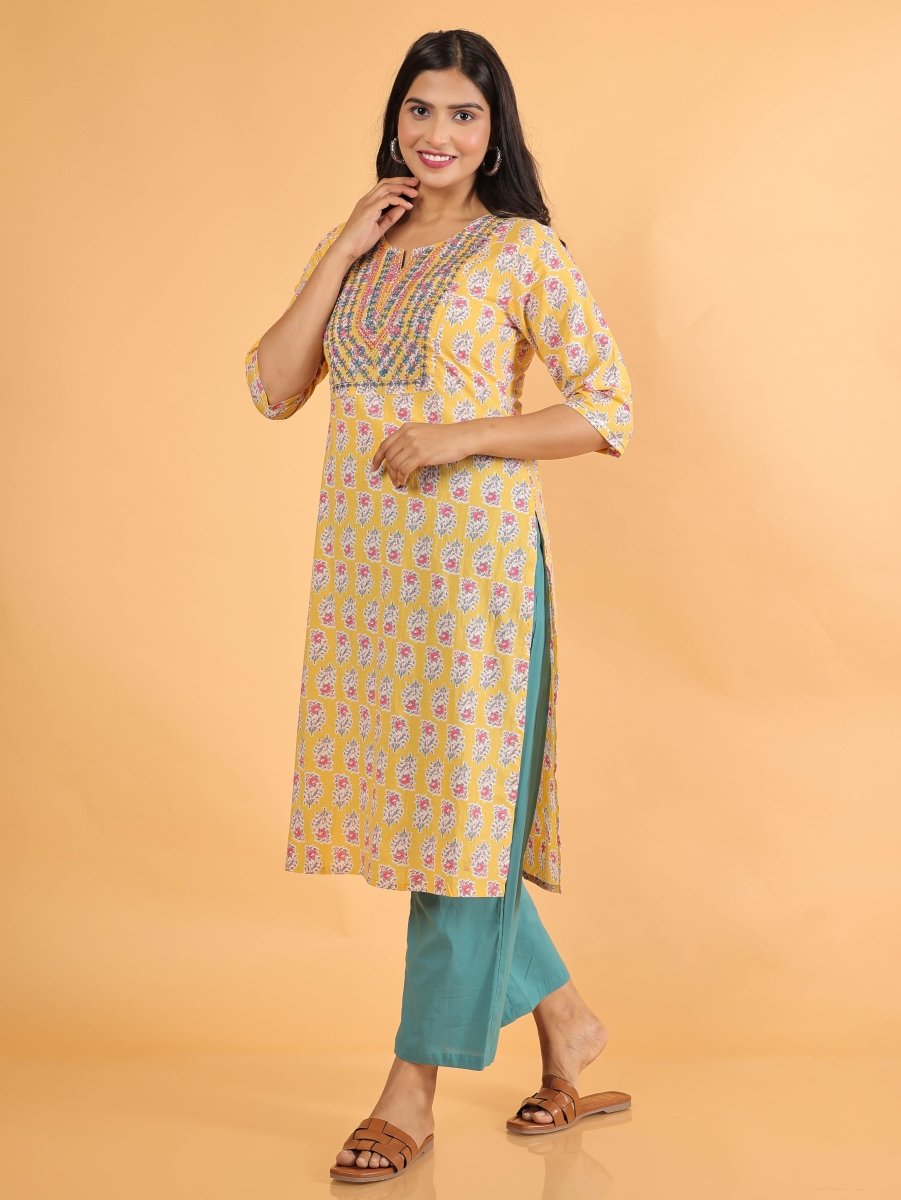 Aramya Straight Soft Cotton Block Print Women's Kurta - Yellow | Grocsy