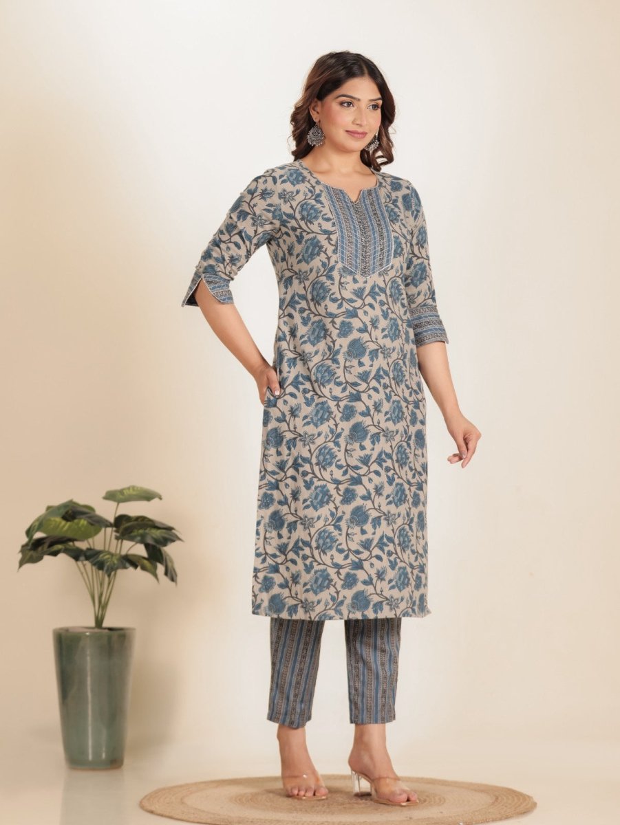 Aramya Straight Linen Cotton Floral Print Women's Kurta Set - Grey | Grocsy