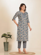 Aramya Straight Linen Cotton Floral Print Women's Kurta Set - Grey | Grocsy