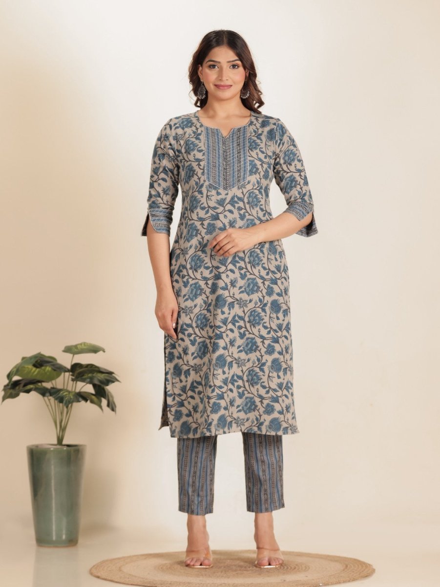 Aramya Straight Linen Cotton Floral Print Women's Kurta Set - Grey | Grocsy