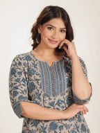 Aramya Straight Linen Cotton Floral Print Women's Kurta Set - Grey | Grocsy