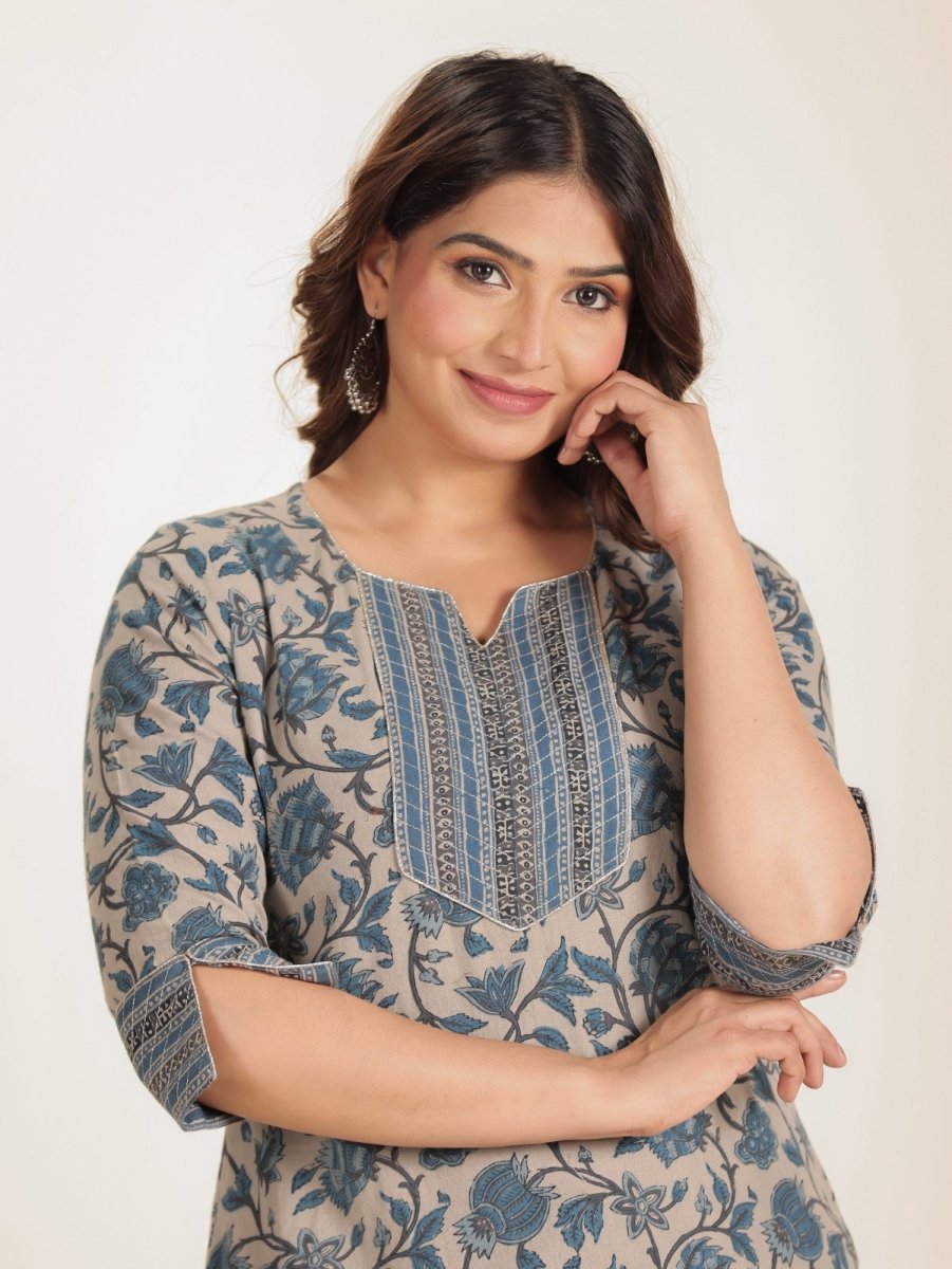 Aramya Straight Linen Cotton Floral Print Women's Kurta Set - Grey | Grocsy