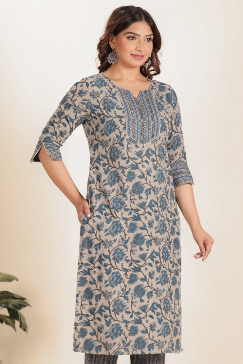 Aramya Straight Linen Cotton Floral Print Women's Kurta - Grey | Grocsy
