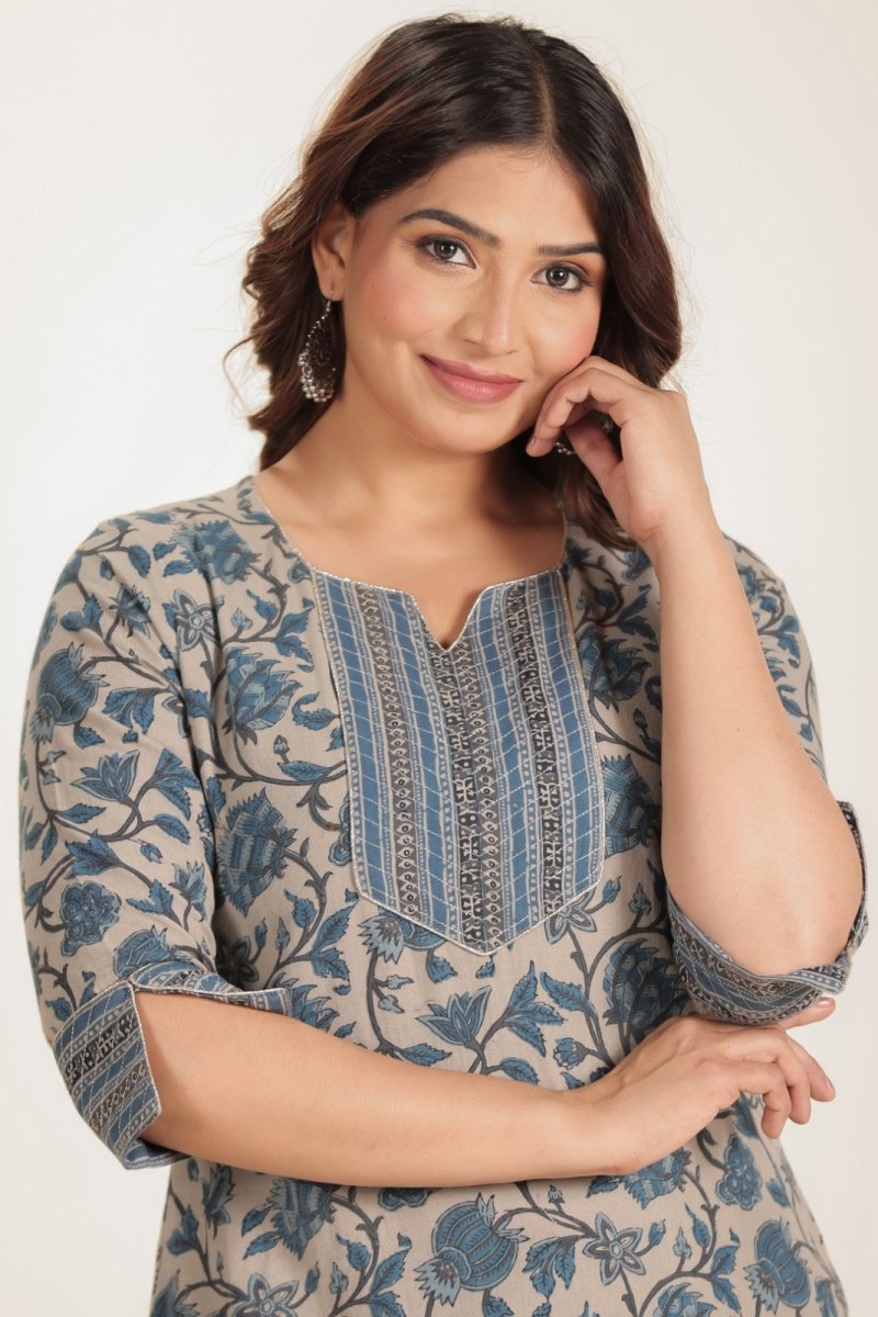 Aramya Straight Linen Cotton Floral Print Women's Kurta - Grey | Grocsy