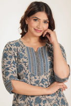 Aramya Straight Linen Cotton Floral Print Women's Kurta - Grey | Grocsy
