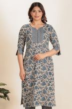 Aramya Straight Linen Cotton Floral Print Women's Kurta - Grey | Grocsy