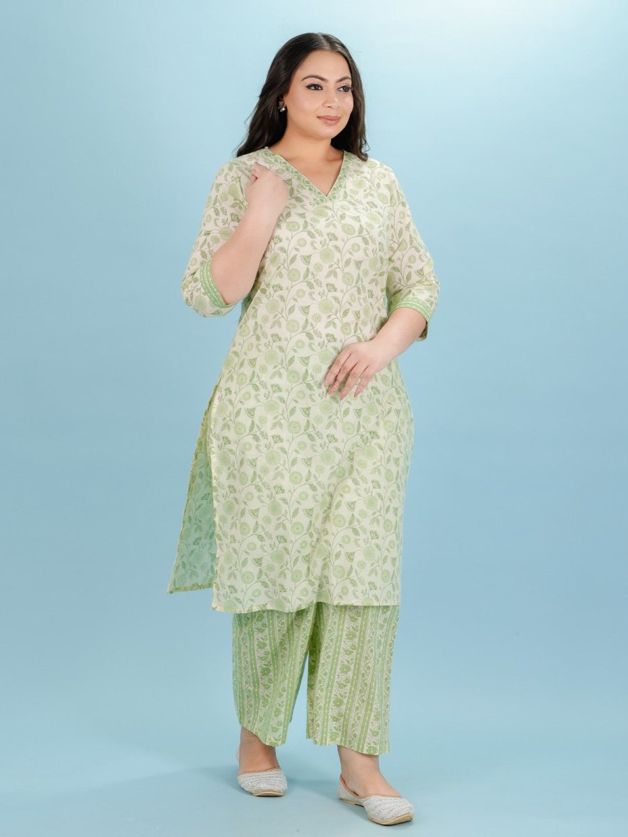 Aramya Straight Soft Cotton Floral Print Women's Kurta Set - Green | Grocsy