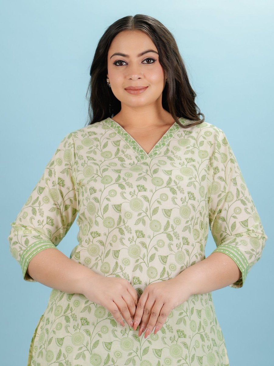 Aramya Straight Soft Cotton Floral Print Women's Kurta Set - Green | Grocsy