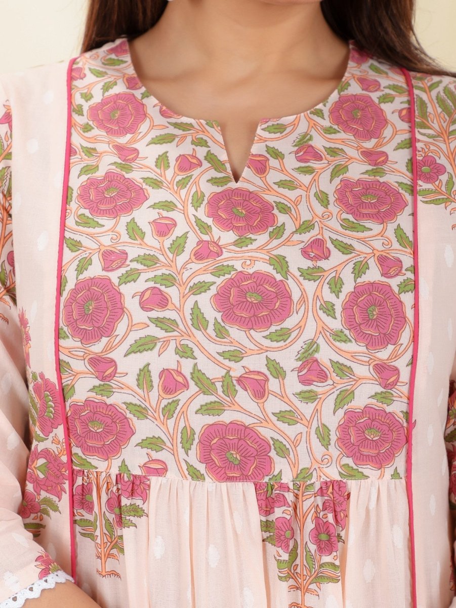 Aramya Panelled Soft Cotton Butti Print Women's Kurta Set - Pink | Grocsy