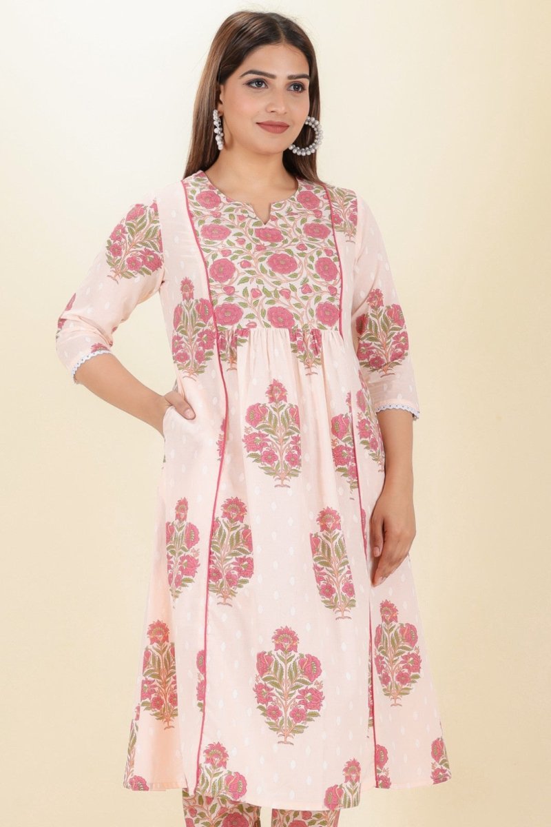 Aramya Panelled Soft Cotton Butti Print Women's Kurta - Pink | Grocsy