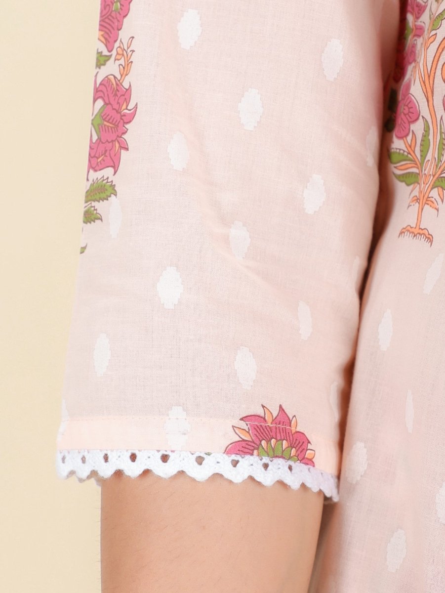Aramya Panelled Soft Cotton Butti Print Women's Kurta Set - Pink | Grocsy