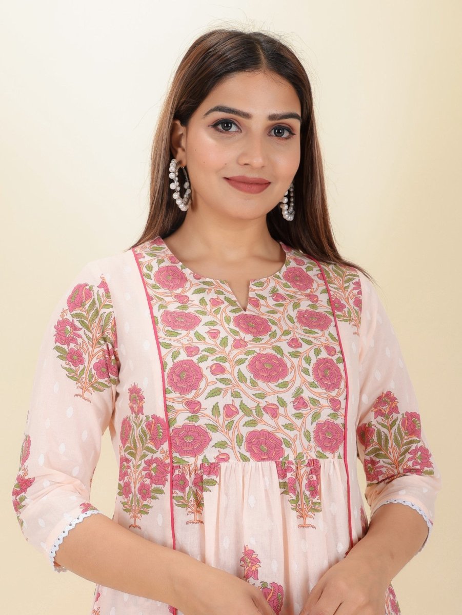 Aramya Panelled Soft Cotton Butti Print Women's Kurta Set - Pink | Grocsy