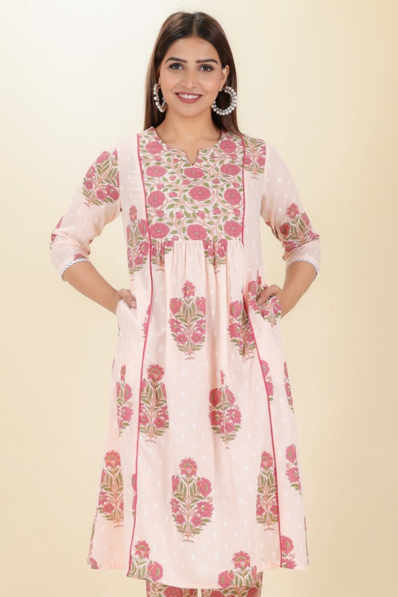 Aramya Panelled Soft Cotton Butti Print Women's Kurta Set - Pink | Grocsy