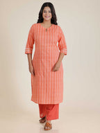 Aramya Straight Soft Cotton Striped Print Women's Kurta Set - Orange | Grocsy