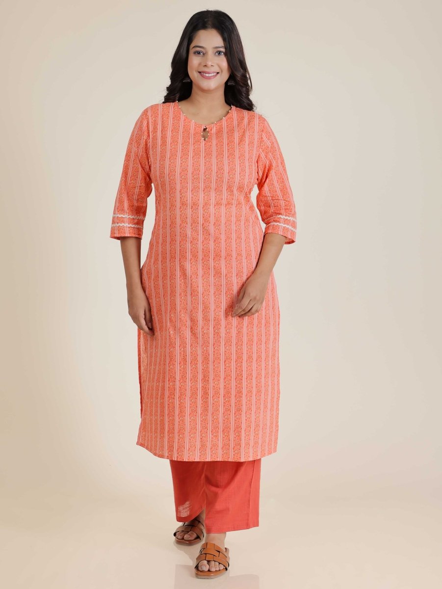 Aramya Straight Soft Cotton Striped Print Women's Kurta Set - Orange | Grocsy