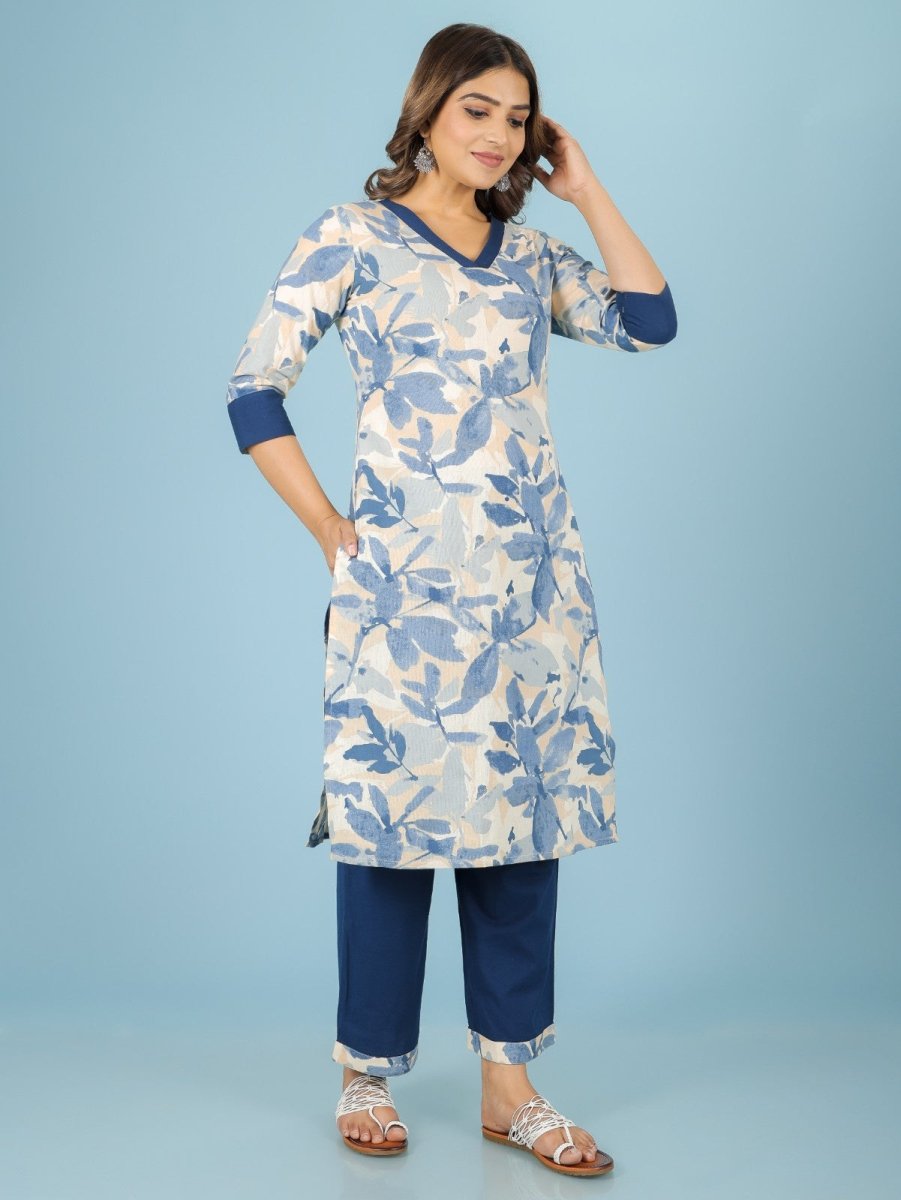 Aramya Straight Linen Cotton Floral Print Women's Kurta Set - Off White | Grocsy