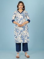 Aramya Straight Linen Cotton Floral Print Women's Kurta Set - Off White | Grocsy