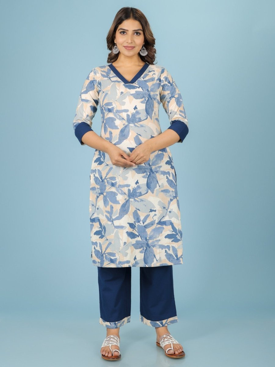 Aramya Straight Linen Cotton Floral Print Women's Kurta Set - Off White | Grocsy