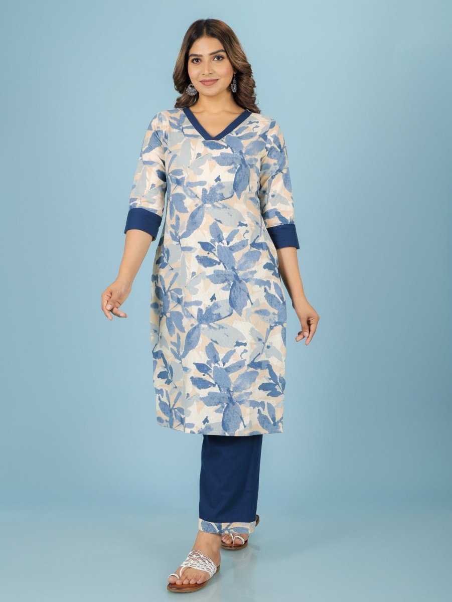 Aramya Straight Linen Cotton Floral Print Women's Kurta Set - Off White | Grocsy