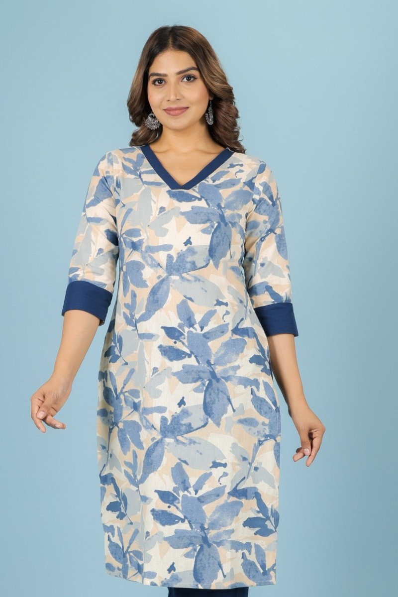 Aramya Straight Linen Cotton Floral Print Women's Kurta - Off White | Grocsy