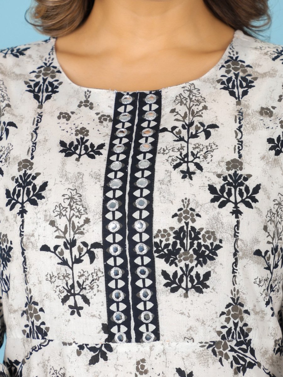 Aramya Anarkali Soft Cotton Butti Print Women's Kurta Set - White | Grocsy