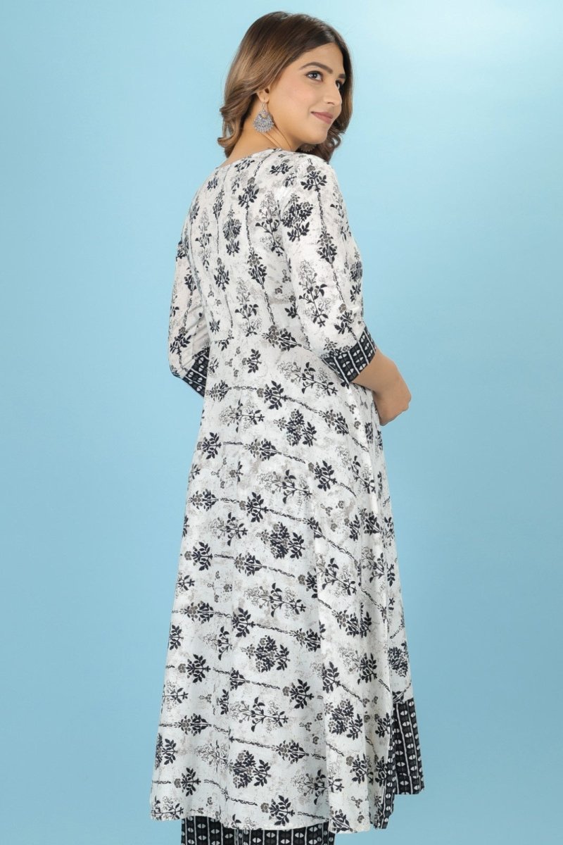 Aramya Anarkali Soft Cotton Butti Print Women's Kurta Set - White | Grocsy