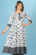Aramya Anarkali Soft Cotton Butti Print Women's Kurta Set - White | Grocsy