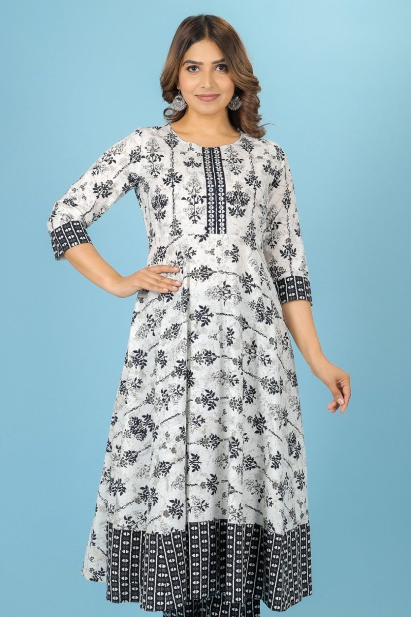 Aramya Anarkali Soft Cotton Butti Print Women's Kurta Set - White | Grocsy