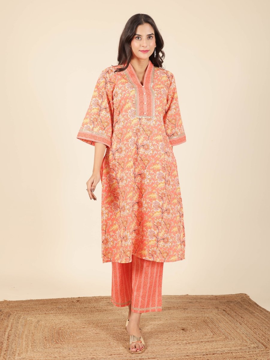 Aramya Straight Soft Cotton Floral Print Women's Kurta - Orange | Grocsy