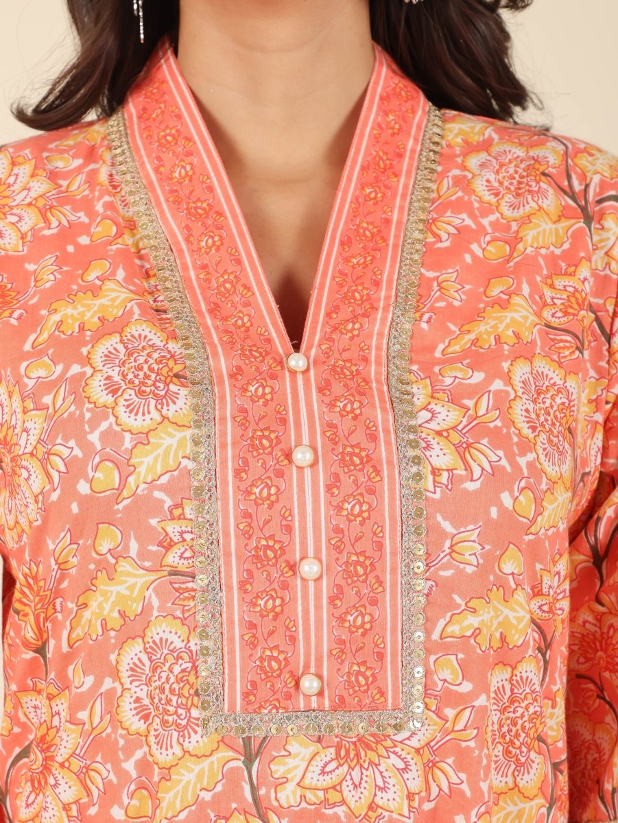 Aramya Straight Soft Cotton Floral Print Women's Kurta - Orange | Grocsy
