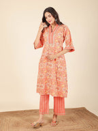 Aramya Straight Soft Cotton Floral Print Women's Kurta - Orange | Grocsy