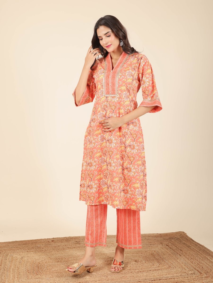 Aramya Straight Soft Cotton Floral Print Women's Kurta - Orange | Grocsy