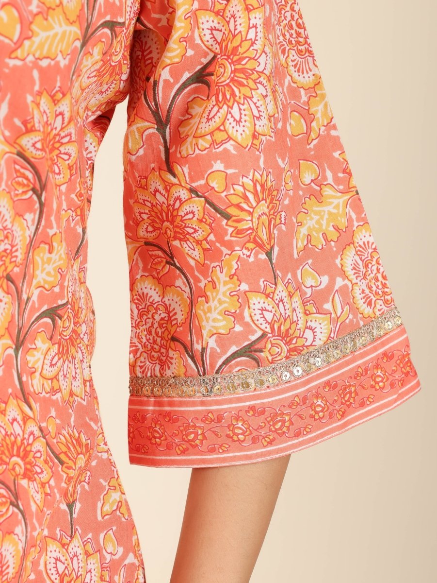 Aramya Straight Soft Cotton Floral Print Women's Kurta - Orange | Grocsy