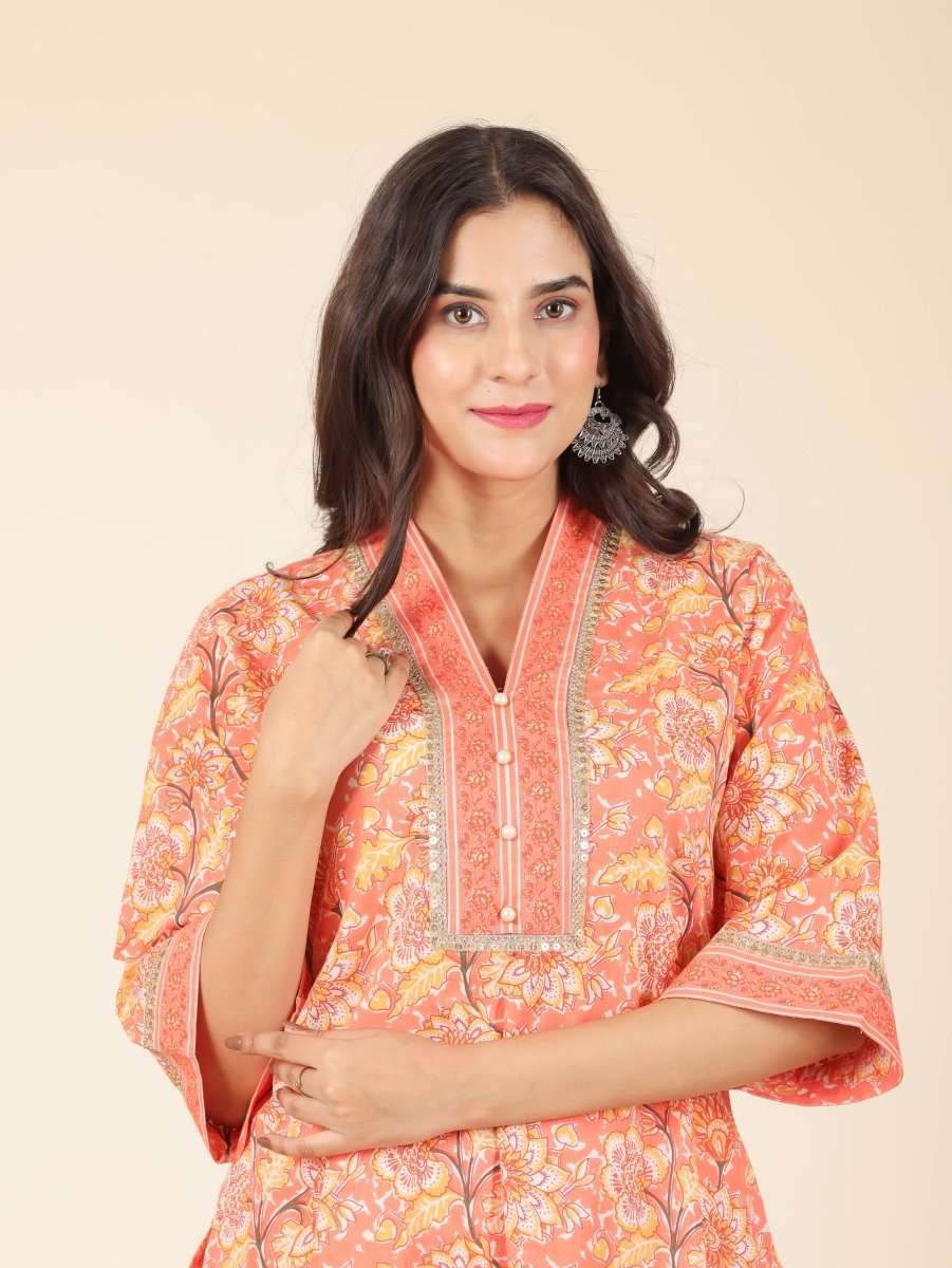 Aramya Straight Soft Cotton Floral Print Women's Kurta - Orange | Grocsy