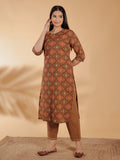 Aramya Straight Soft Cotton Geometric Print Women's Kurta Set - Brown | Grocsy