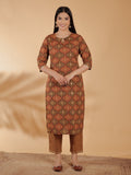 Aramya Straight Soft Cotton Geometric Print Women's Kurta - Brown | Grocsy