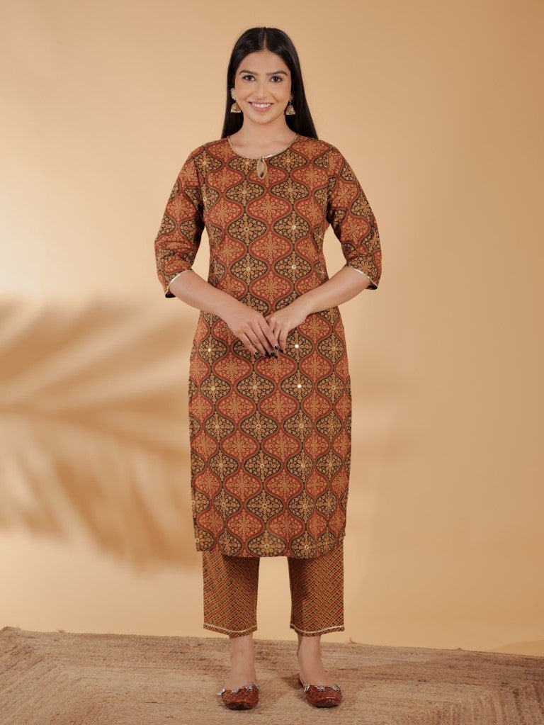 Aramya Straight Soft Cotton Geometric Print Women's Kurta - Brown | Grocsy