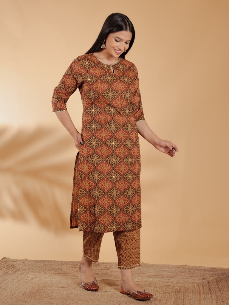 Aramya Straight Soft Cotton Geometric Print Women's Kurta Set - Brown | Grocsy
