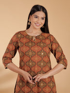 Aramya Straight Soft Cotton Geometric Print Women's Kurta Set - Brown | Grocsy