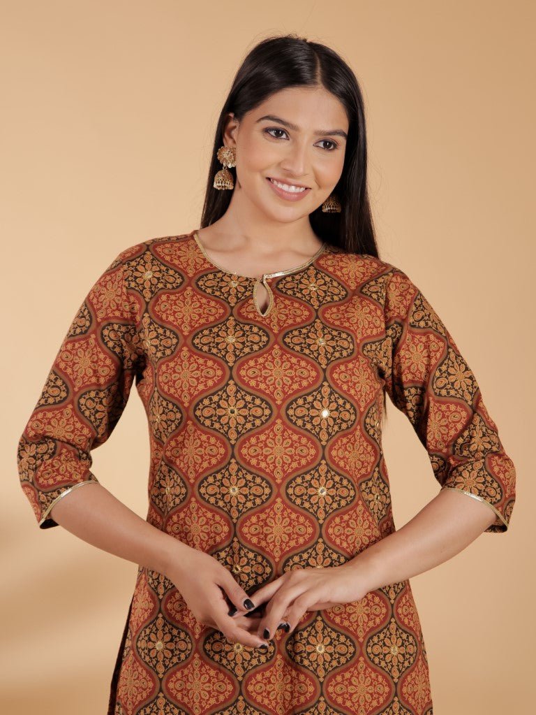 Aramya Straight Soft Cotton Geometric Print Women's Kurta - Brown | Grocsy