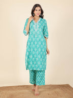 Aramya Straight Soft Cotton Geometric Print Women's Kurta Set - Green | Grocsy