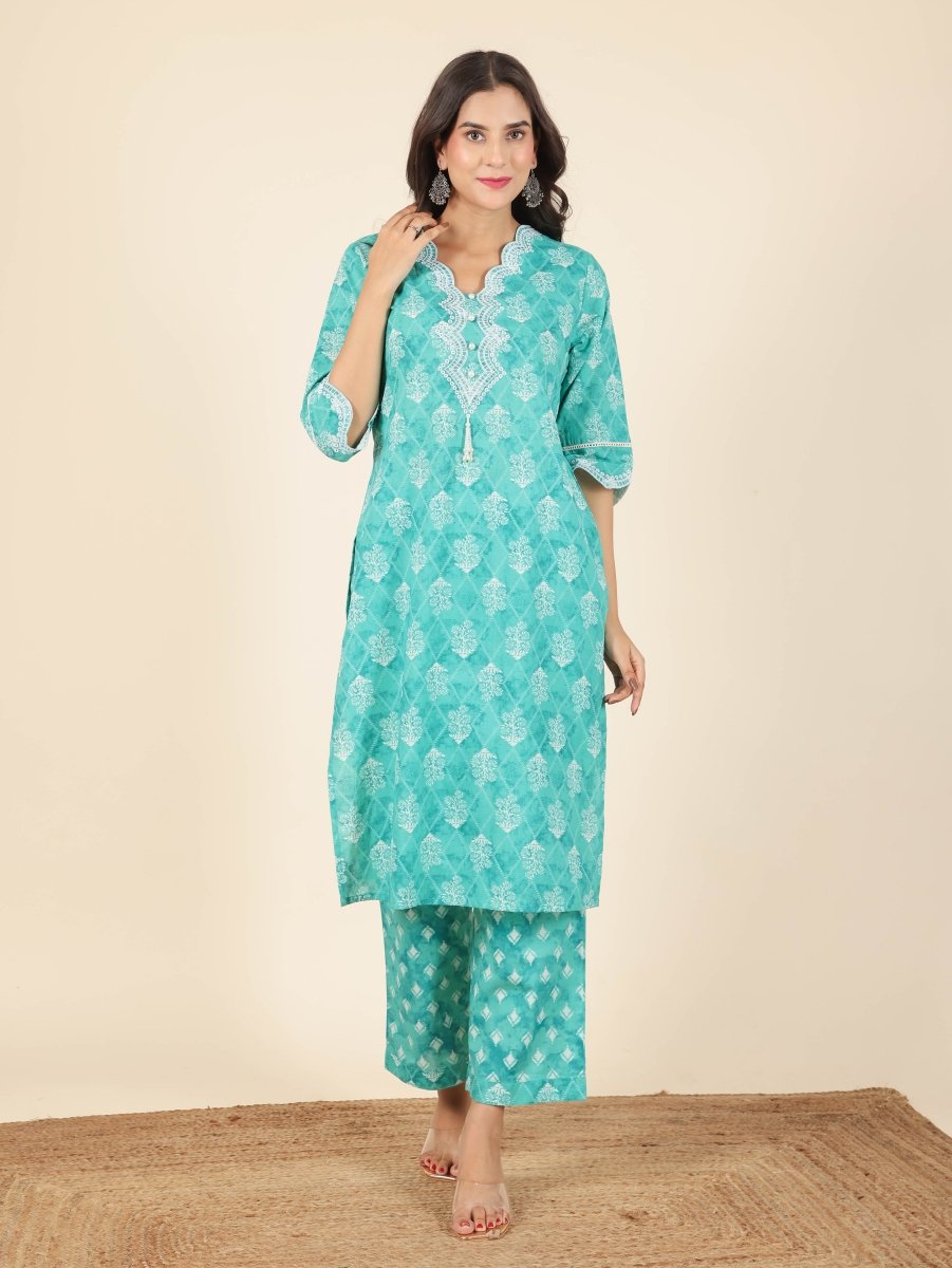 Aramya Straight Soft Cotton Geometric Print Women's Kurta Set - Green | Grocsy