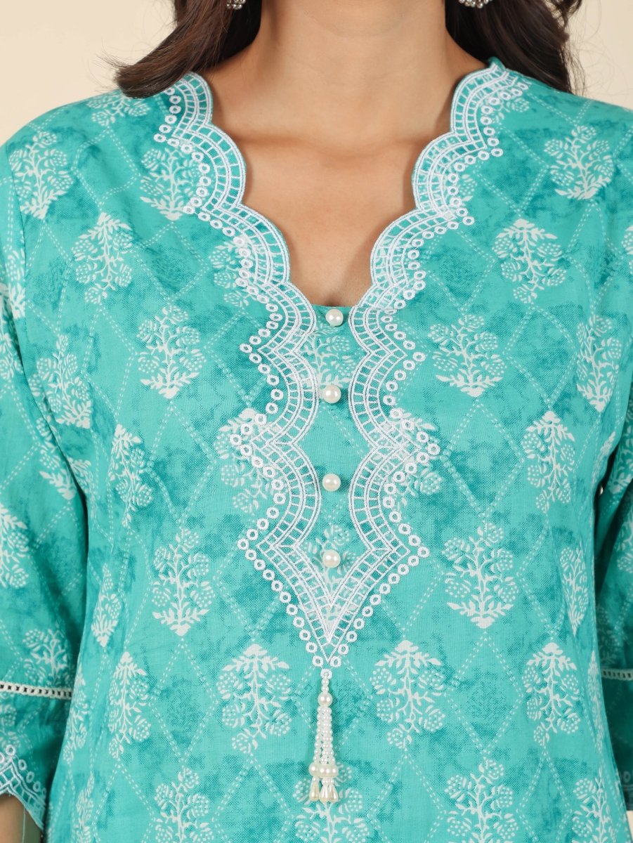 Aramya Straight Soft Cotton Geometric Print Women's Kurta Set - Green | Grocsy