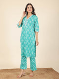 Aramya Straight Soft Cotton Geometric Print Women's Kurta Set - Green | Grocsy