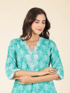 Aramya Straight Soft Cotton Geometric Print Women's Kurta Set - Green | Grocsy