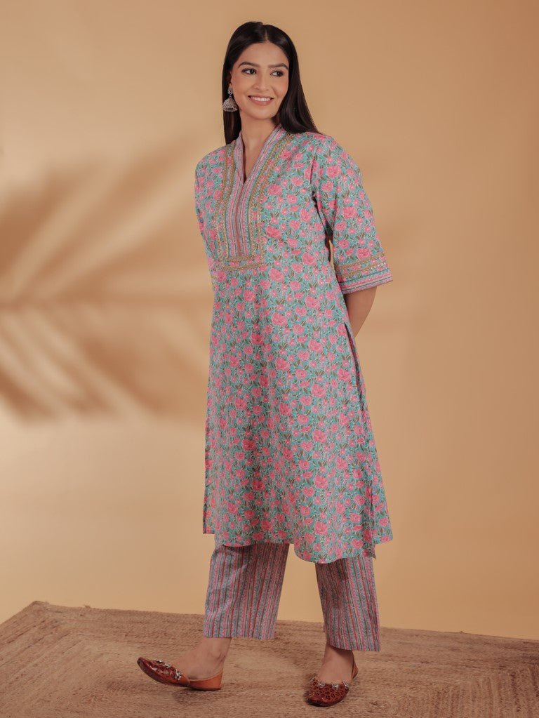 Aramya Straight Soft Cotton Floral Print Women's Kurta Set - Multicolor | Grocsy