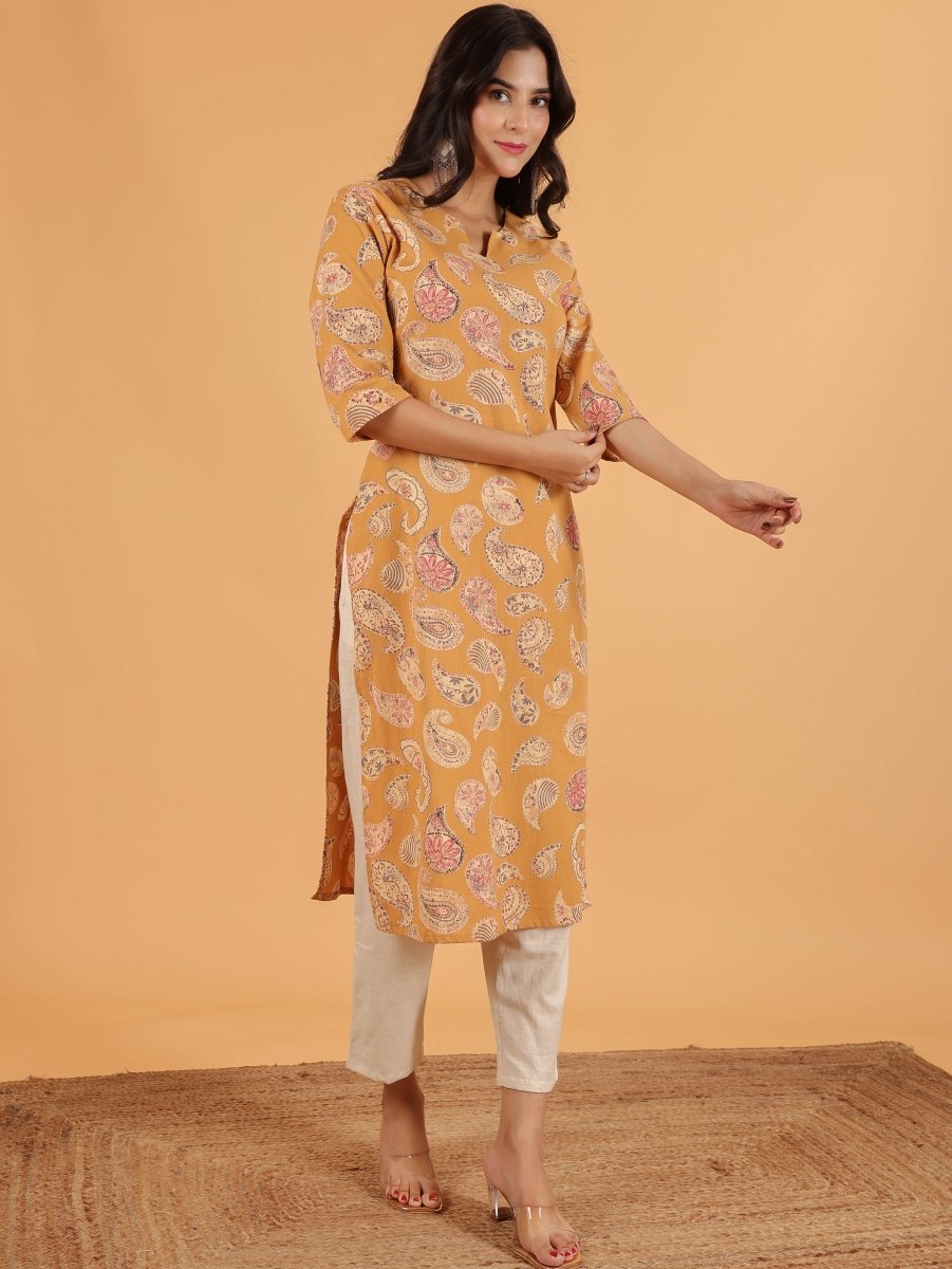 Aramya Straight Linen Cotton Paisley Print Women's Kurta - Yellow | Grocsy