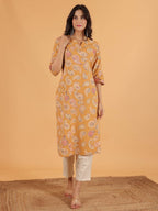 Aramya Straight Linen Cotton Paisley Print Women's Kurta Set - Yellow | Grocsy